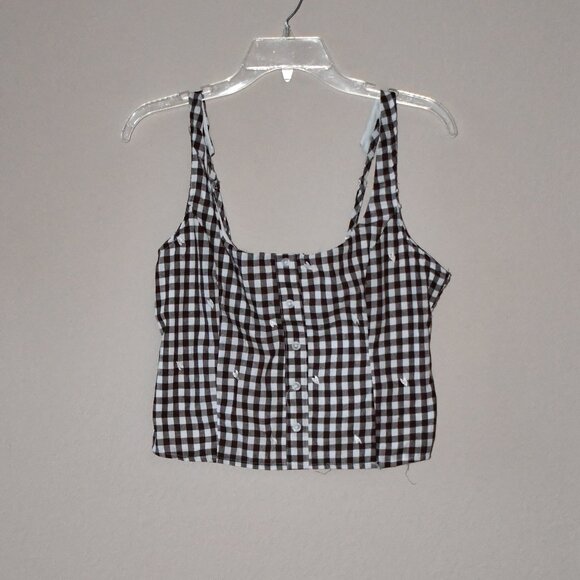 Lotus & Lavender Junior Brown Gingham Adj Strap Smocked Back Embroider Top Sz L - Picture 1 of 4